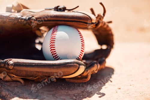Preview: Baseball, sport and exercise with a ball and glove on a base plate on a pitch or field outdoor for