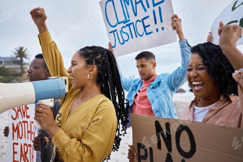 Preview: Protest, climate change and megaphone with black woman at the beach for environment, earth day and