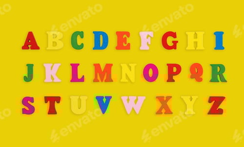 Preview: wooden letters of the English alphabet multi-colored on a yellow background