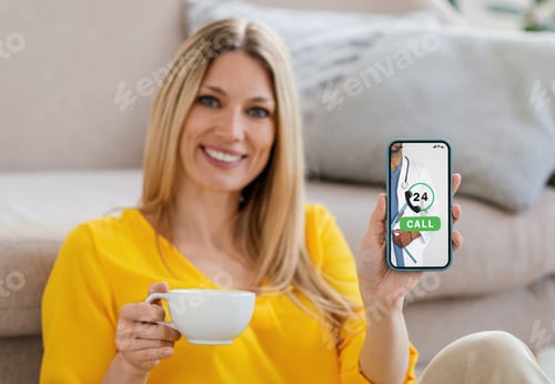 Preview: Smiling Woman Holding Smartphone, Advertising Modern App For Online Medical Consultation