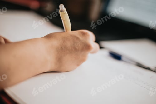 Preview: Closeup image of a woman hand writing on a notebook, doing homework during