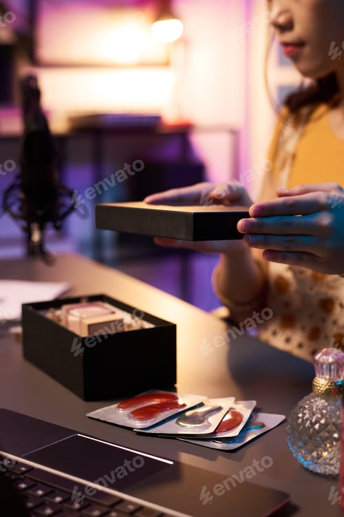 Preview: Woman Unboxing Beauty Products Live at Home Studio