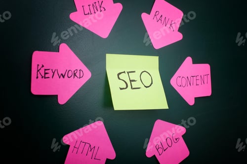 Colorful SEO Concept with Sticky Notes and Arrows