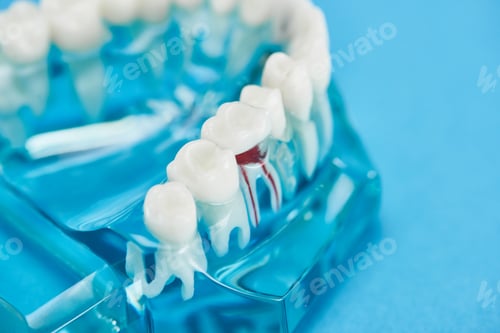Preview: selective focus of teeth model with red dental root isolated on blue