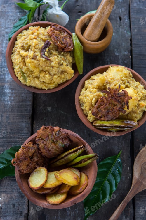 Preview: Bowls of Tasty Food on Rustic Wooden Table