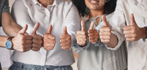 Preview: Thumbs up hands for teamwork, motivation and support at advertising startup company office. Partner