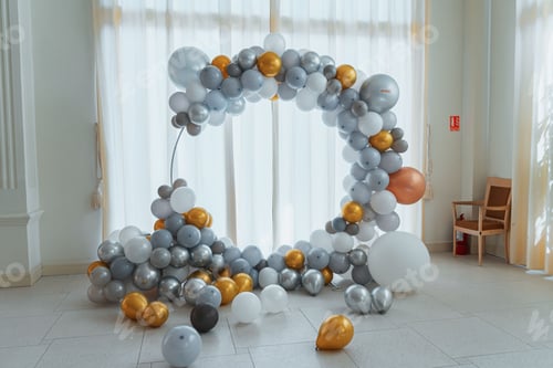 Preview: Beautiful shot of a birthday photo corner made from gray, white and orange balloons