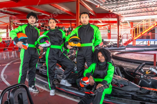 Preview: Diverse group of friends preparing for go kart race