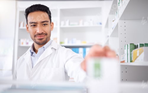 Preview: Asian man, pharmacist and medicine for stock check at pharmacy, drugstore or shelf. Medical profess