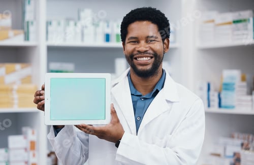 Preview: Pharmacist man, tablet and mockup screen in portrait for medicine, retail healthcare and wellness.