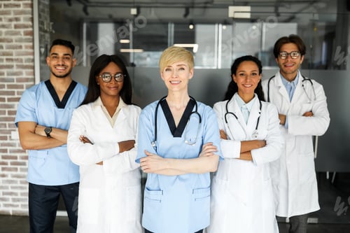 Preview: Friendly multiracial doctors team posing at hospital