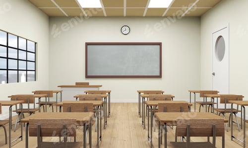 Preview: Empty Classroom with Desks and Chalkboard