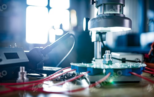 Preview: Modern microscope, connectors component and large green microcircuit in workshop laboratory