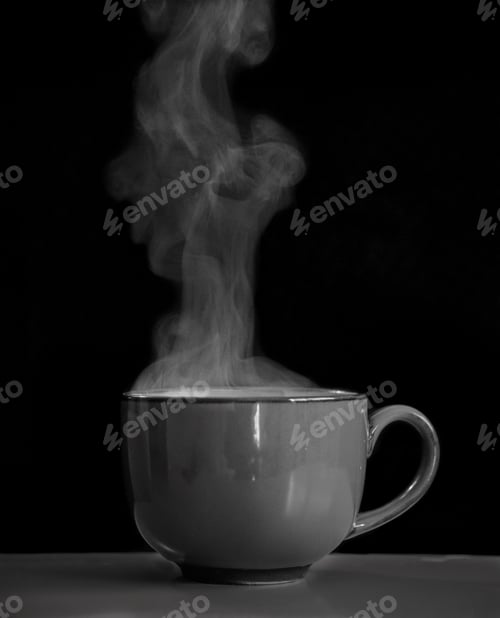 Preview: Black and white closeup of a coffee cup with steam coming out of it