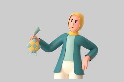 Preview: Cartoon Woman in Hijab Holding Ketupat
