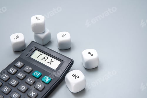 Preview: A calculator with the word "TAX" displayed on its screen surrounded by dice with percentage symbols.