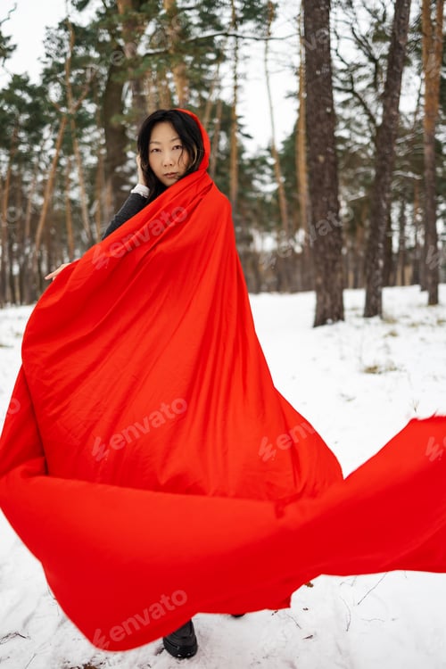 Preview: Little Red Riding Hood is going away on a snowy road. Dramatic and fantastic shooting.