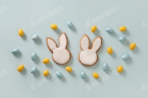 Preview: Easter glazed cookies shaped of bunny and chocolate sweets candy as eggs .