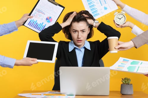 Preview: Woman overwhelmed by different requests from colleagues at desk against orange background