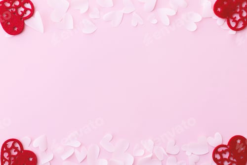 Preview: Stylish valentine hearts on pink background flat lay with space for text. Happy Valentine's Day!