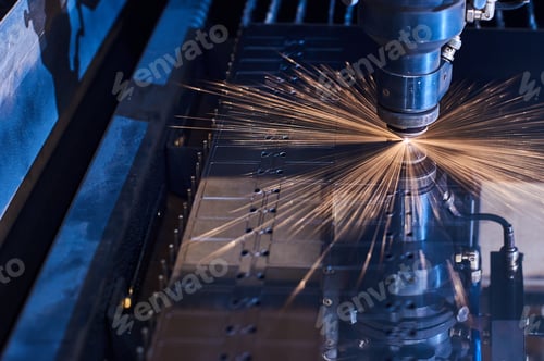 Preview: CNC Laser cutting of metal close up, modern industrial technology. Small depth of field