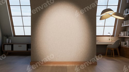 Preview: An empty wall between dim lit study room and attic room with wooden floor corridor under roof window