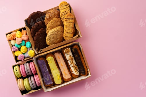 Preview: Carton boxes with eclair cakes and cookies on pink surface