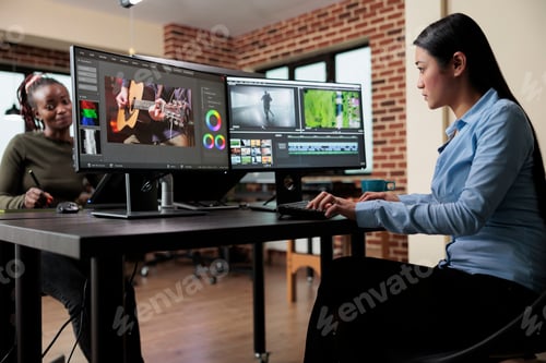 Preview: Videography expert in post production house editing footage frames