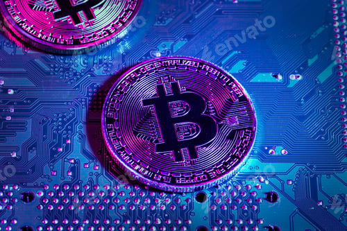 Preview: golden bitcoin and computer chip in background