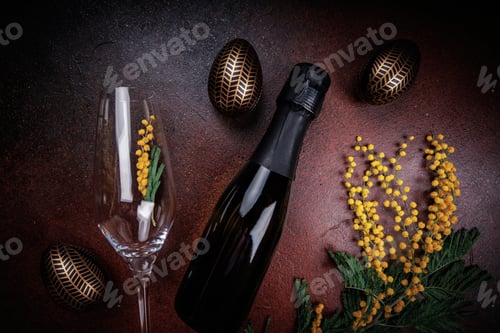 Preview: Festive Easter champagne composition with mimosa and eggs