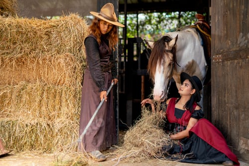 Preview: Two Asian woman with cowgirl costume enjoy to feed dry grasses to horse near stable in their farm