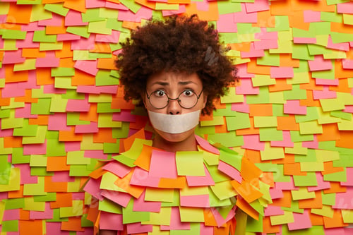 Preview: Shot of nervous worried woman with sealed covered mouth, has no ability to speak, wears round specta