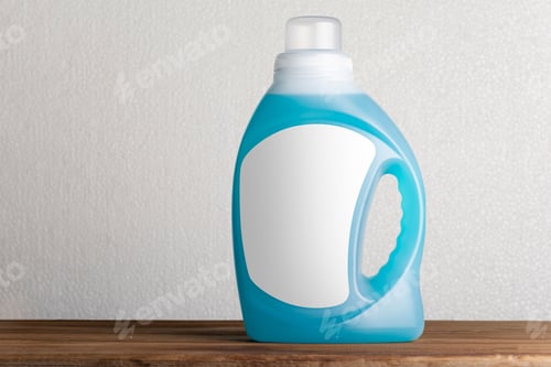 Preview: Liquid detergent bottle with blank label on a wooden board