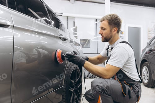Preview: Professional Car Detailing with an Auto Polisher in a Garage Setting