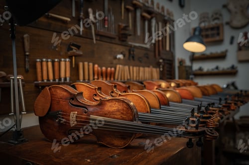 Preview: Aesthetic arrangement of violins in the workshop with restoration tools hang on the walls