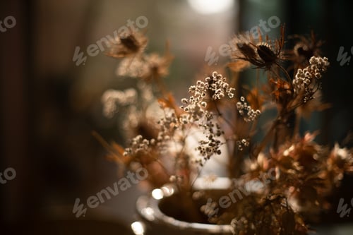Preview: backlited flowers in vase on the table in sunset time
