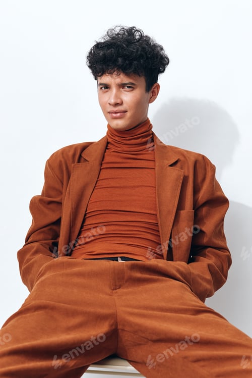 Preview: Portrait man clothes modern guy beige lifestyle fashion trendy curly stylish student