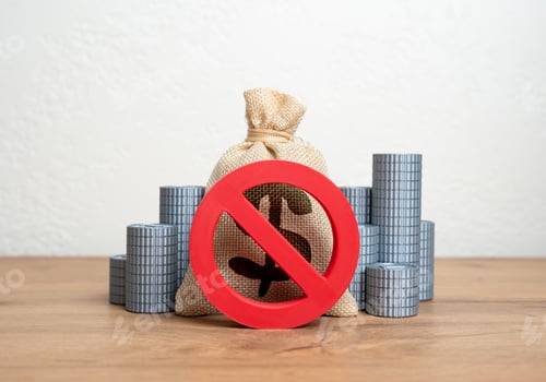 Preview: The NO prohibition sign covers the dollar money bag and stacks of coins. Freezing or confiscation