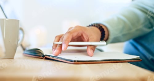 Preview: Writing, notebook and hands with pen for planning, diary entry and creative ideas on desk. Thinking
