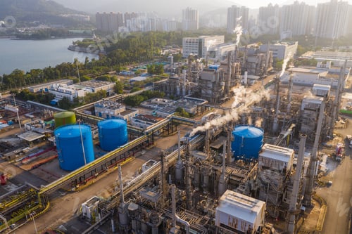 Preview: Tai Po, Hong Kong 28 April 2020: Top view of Hong Kong industrial plant