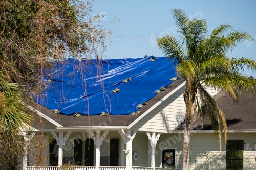 Preview: Damaged in hurricane house roof covered with blue protective tarp against rain water
