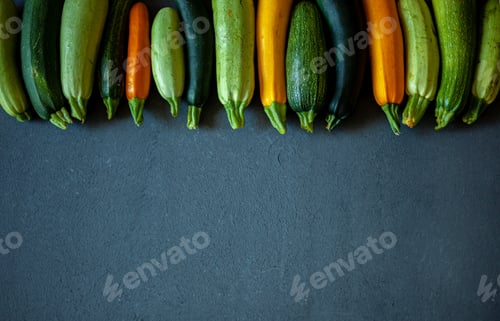 Vista previa: A set of multi-colored zucchini yellow, green, white, orange on the table close-up. Food background