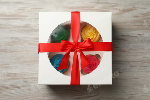 Preview: Box with delicious colorful cupcakes on white wooden table, top view