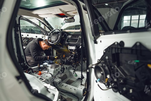 Preview: Car service worker installing noise insulation soundproofing in the car