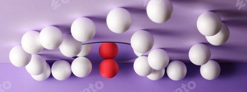 Preview: dimensional compositions of geometric shapes concept.white and crimson balls on mirror