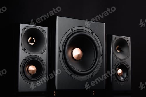 Preview: Two sound speakers and subwoofer on dark background