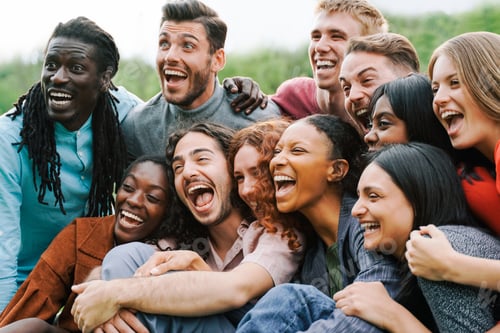 Preview: Multiethnic happy group of people having fun outdoor - Focus on center African girl