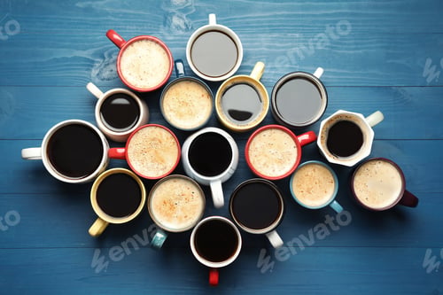 Preview: Many cups of different coffee drinks on blue wooden table, flat lay