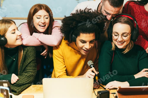 Preview: Happy diverse friends having fun streaming online - Soft focus on african guy face