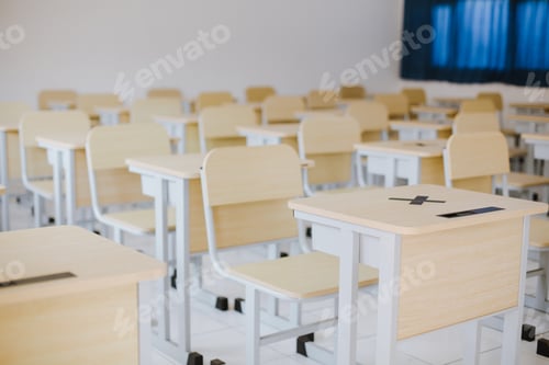 Preview: Classroom Desks Ready for Students, Empty School